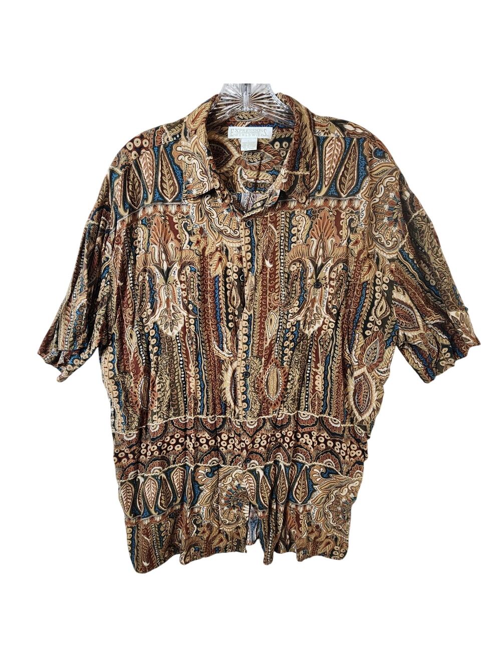 Expressions Worldwide Men's Large Button-Up Paisley Stripe Shirt Rayon Brown